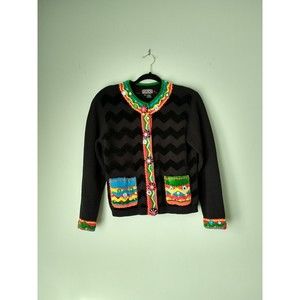 VTG 90s Berek Takako Saxon Womens Cardigan Sz Medium Black Art to Wear Colorful